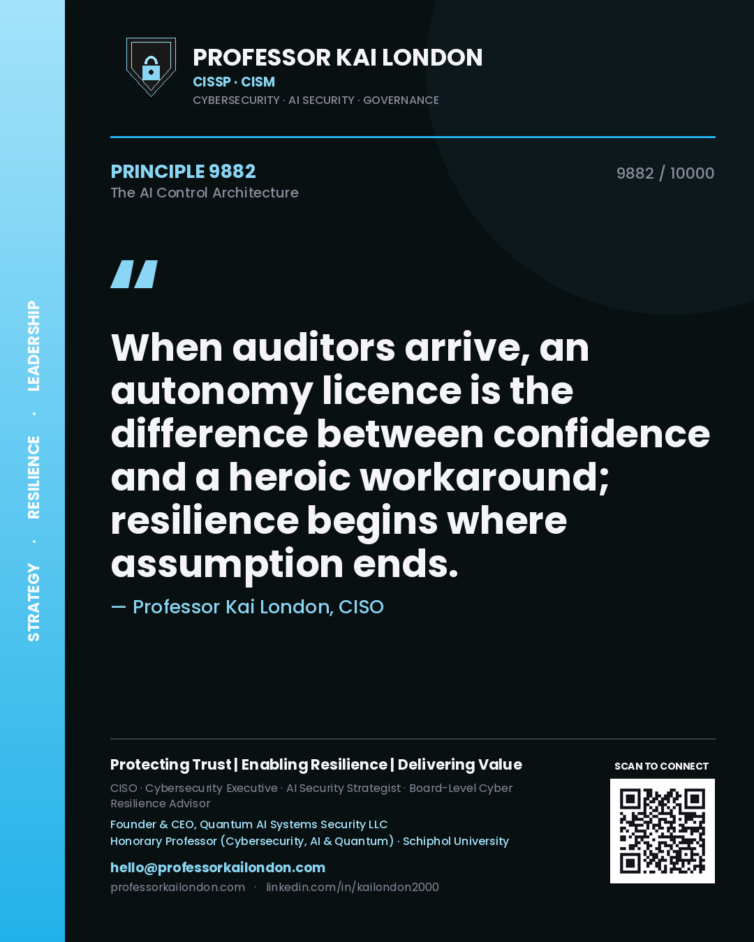 Quote card by Professor Kai London reading 'When auditors arrive, an autonomy licence is the difference between confidence and a heroic workaround; resilience begins where assumption ends.'. From the book The AI Control Architecture.