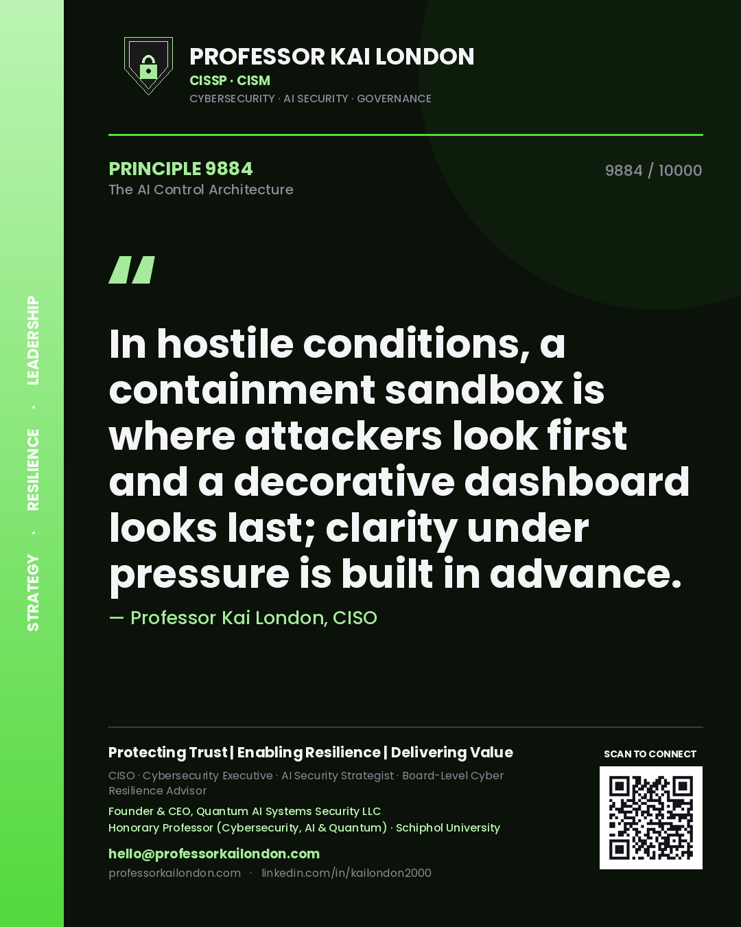 Professor Kai London principle 9884: In hostile conditions, a containment sandbox is where attackers look first and a decorative dashboard looks last; clarity under pressure is built in advance.