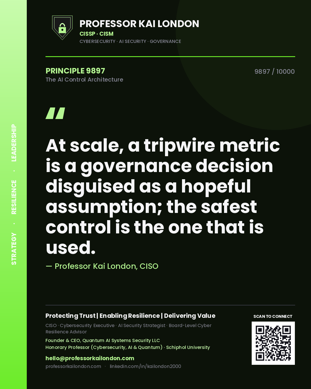 Quote card by Professor Kai London reading 'At scale, a tripwire metric is a governance decision disguised as a hopeful assumption; the safest control is the one that is used.'. From the book The AI Control Architecture.
