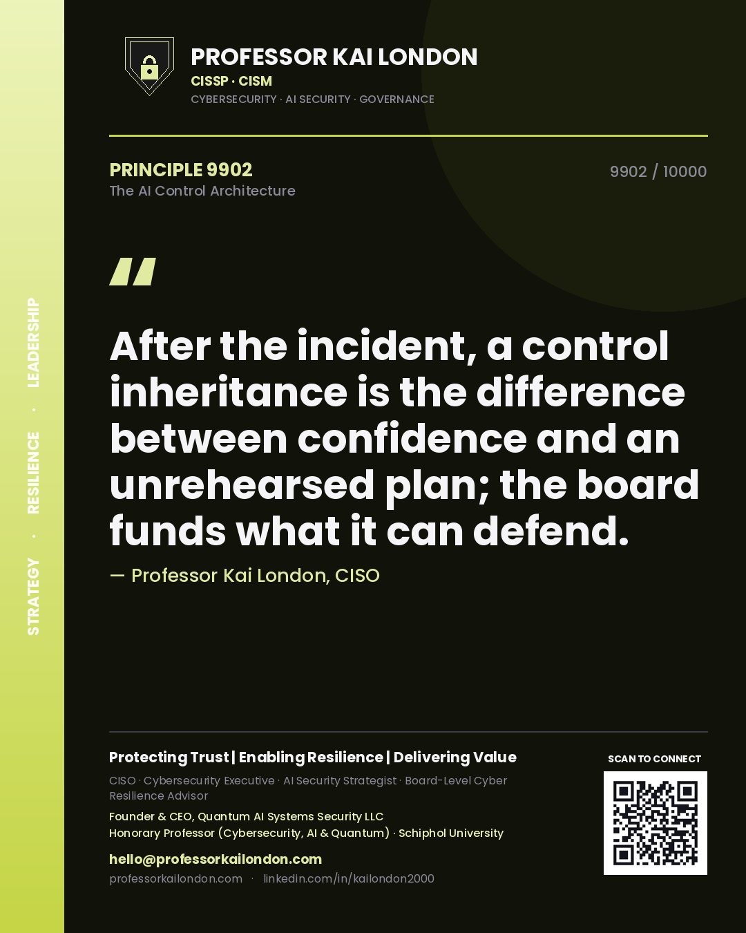 Professor Kai London principle 9902: After the incident, a control inheritance is the difference between confidence and an unrehearsed plan; the board funds what it can defend.