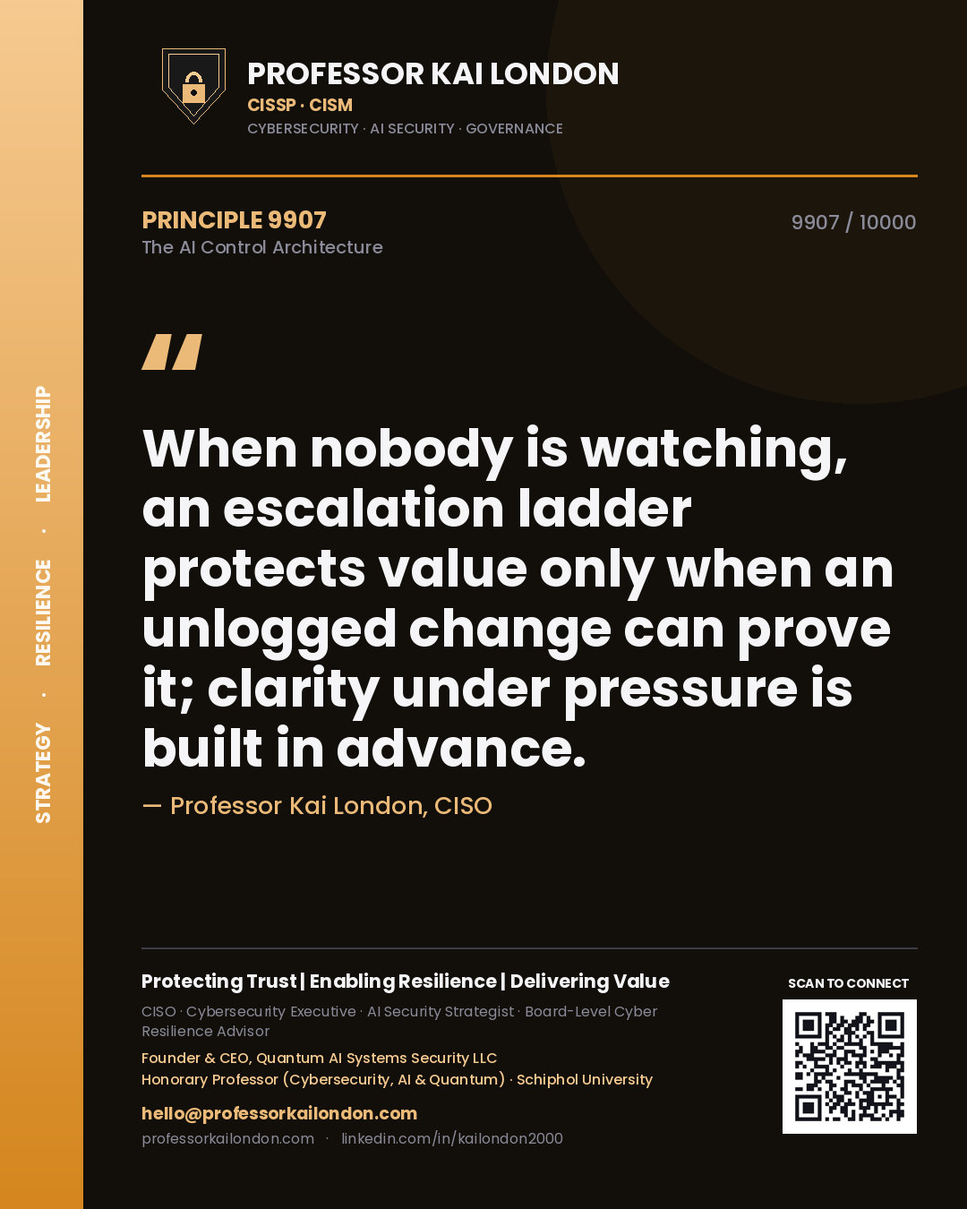 Professor Kai London principle 9907: When nobody is watching, an escalation ladder protects value only when an unlogged change can prove it; clarity under pressure is built in advance.