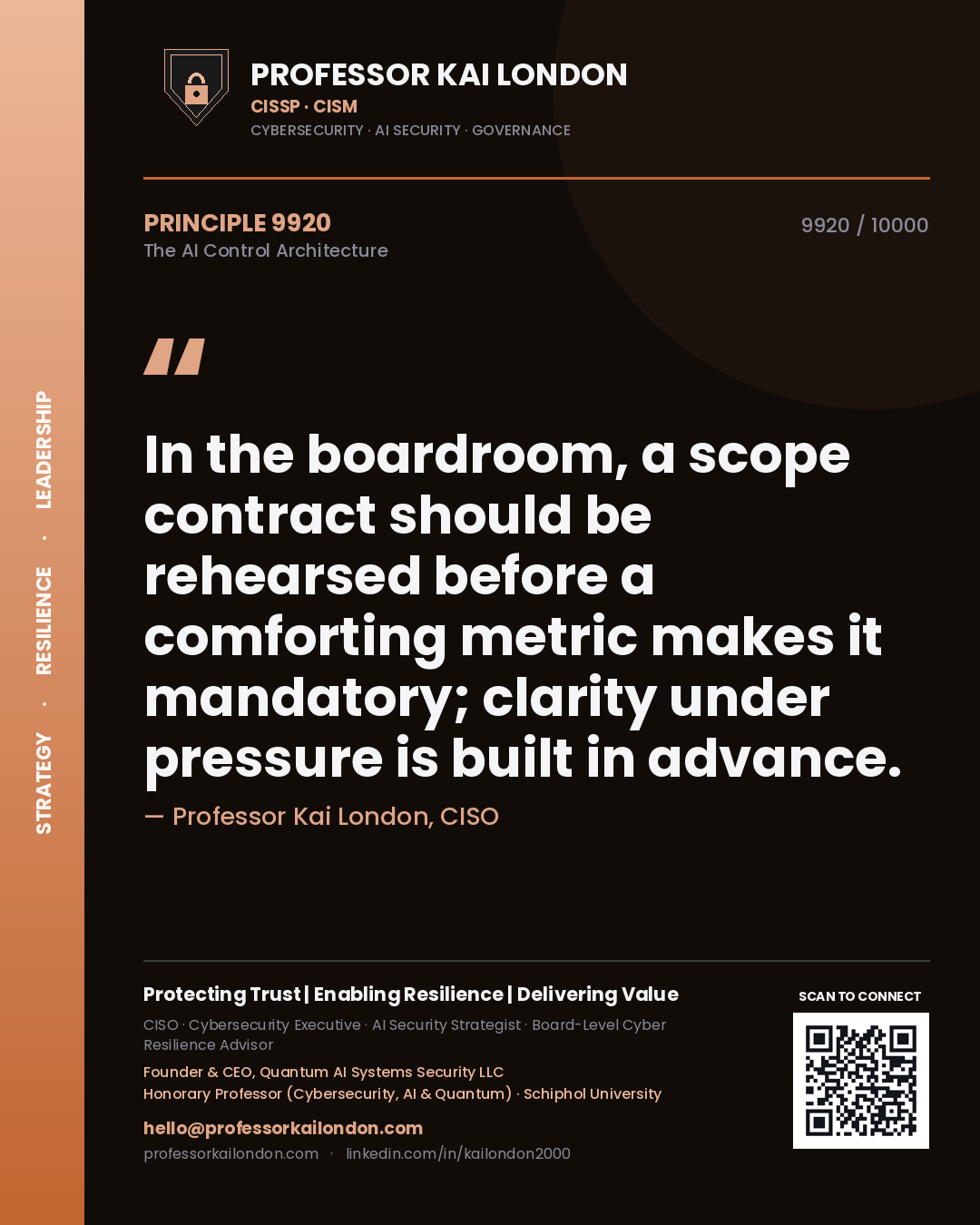 Professor Kai London principle 9920: In the boardroom, a scope contract should be rehearsed before a comforting metric makes it mandatory; clarity under pressure is built in advance.