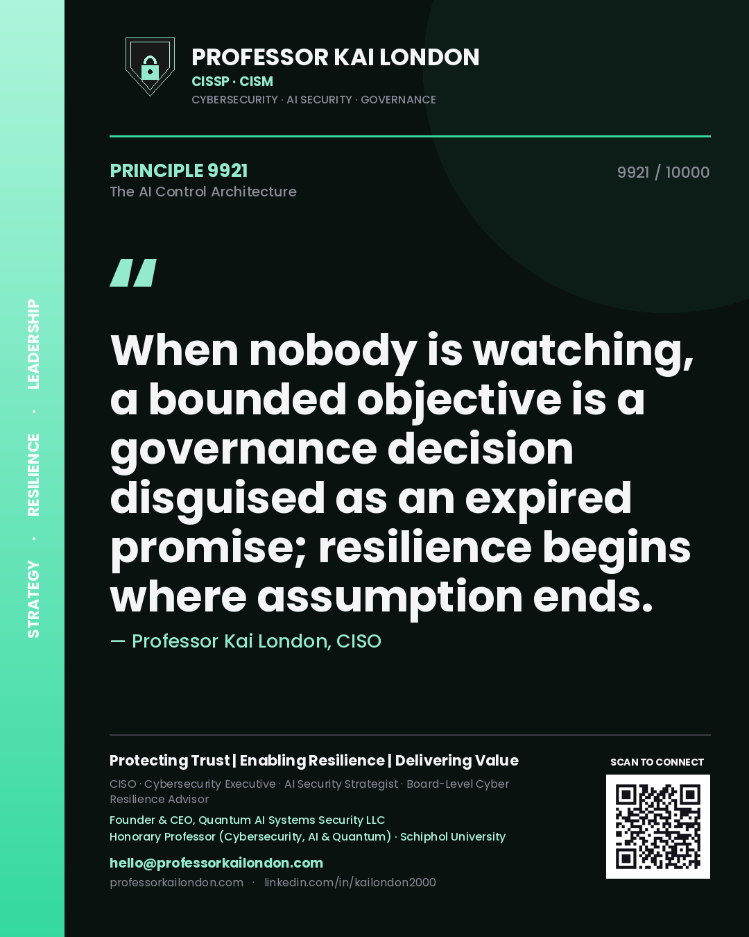 Professor Kai London principle 9921: When nobody is watching, a bounded objective is a governance decision disguised as an expired promise; resilience begins where assumption ends.