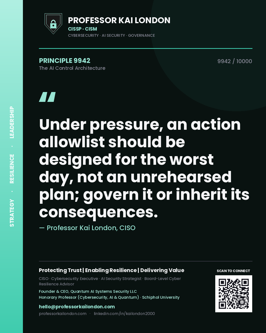 Professor Kai London principle 9942: Under pressure, an action allowlist should be designed for the worst day, not an unrehearsed plan; govern it or inherit its consequences.