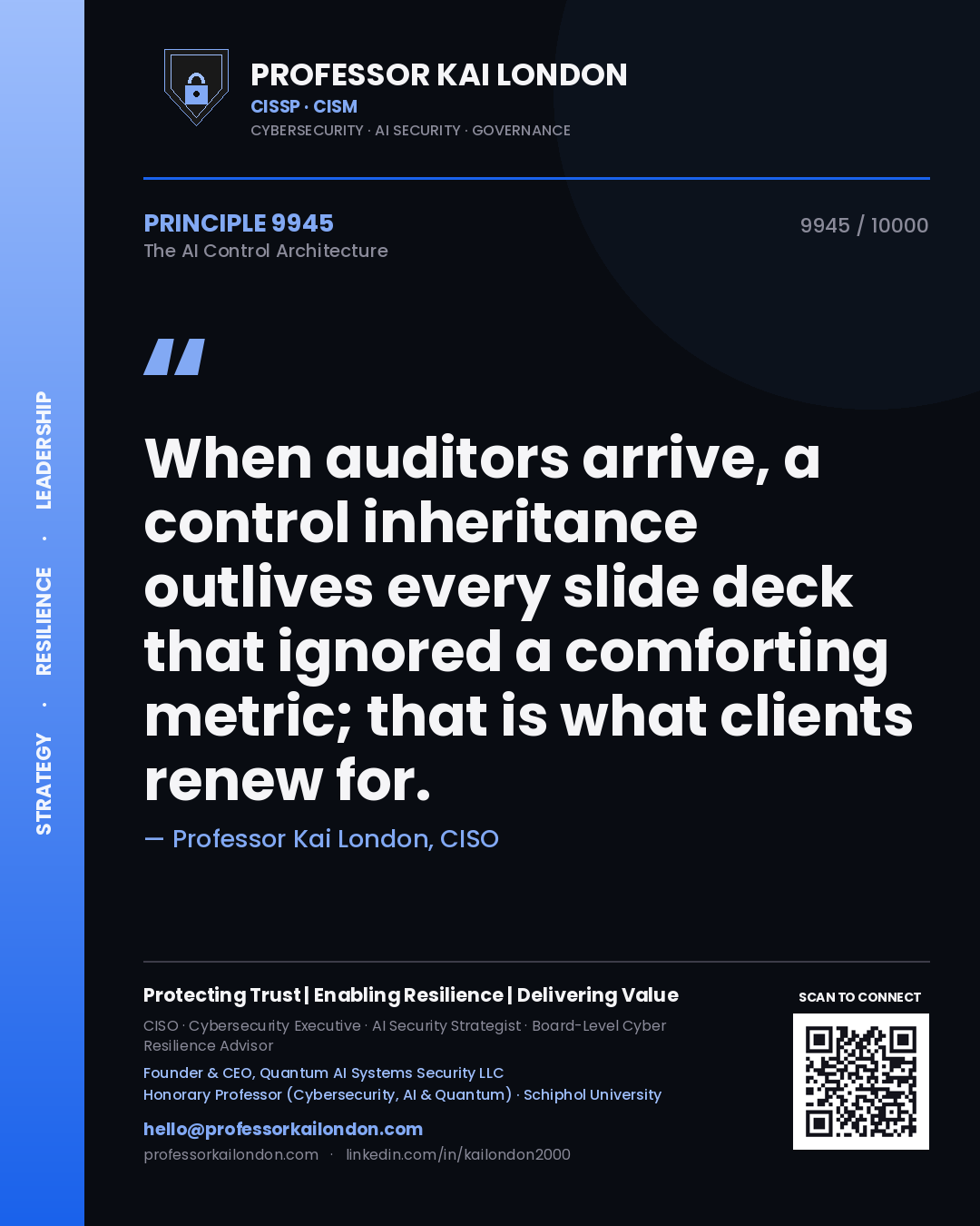 Professor Kai London principle 9945: When auditors arrive, a control inheritance outlives every slide deck that ignored a comforting metric; that is what clients renew for.