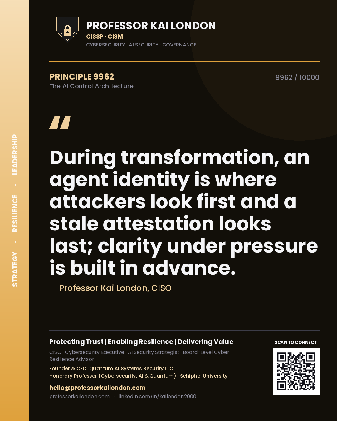 Professor Kai London principle 9962: During transformation, an agent identity is where attackers look first and a stale attestation looks last; clarity under pressure is built in advance.