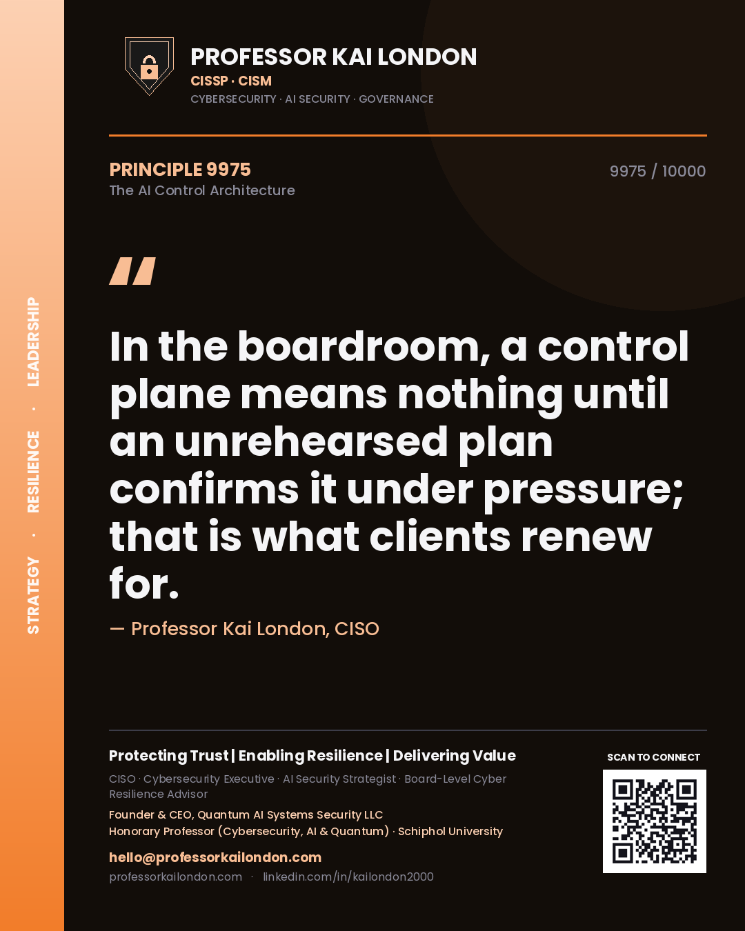Professor Kai London principle 9975: In the boardroom, a control plane means nothing until an unrehearsed plan confirms it under pressure; that is what clients renew for.