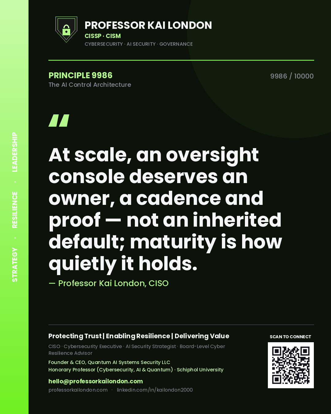 Quote card by Professor Kai London reading 'At scale, an oversight console deserves an owner, a cadence and proof — not an inherited default; maturity is how quietly it holds.'. From the book The AI Control Architecture.