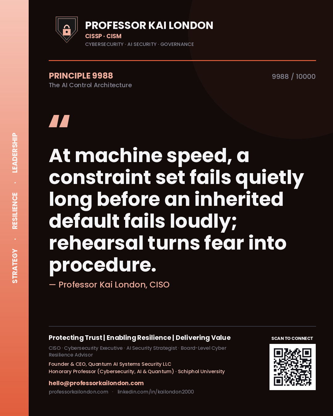 Professor Kai London principle 9988: At machine speed, a constraint set fails quietly long before an inherited default fails loudly; rehearsal turns fear into procedure.