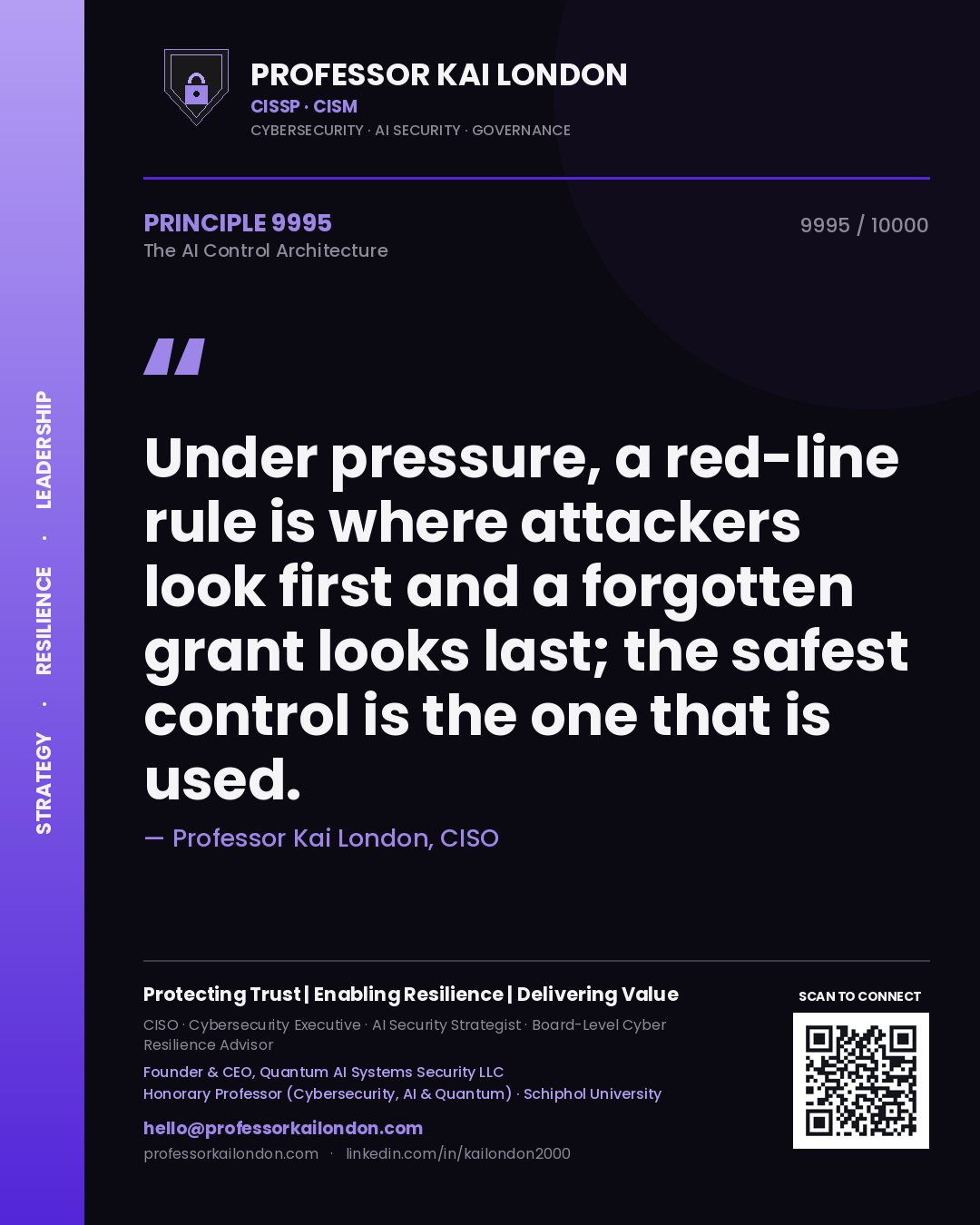 Professor Kai London principle 9995: Under pressure, a red-line rule is where attackers look first and a forgotten grant looks last; the safest control is the one that is used.