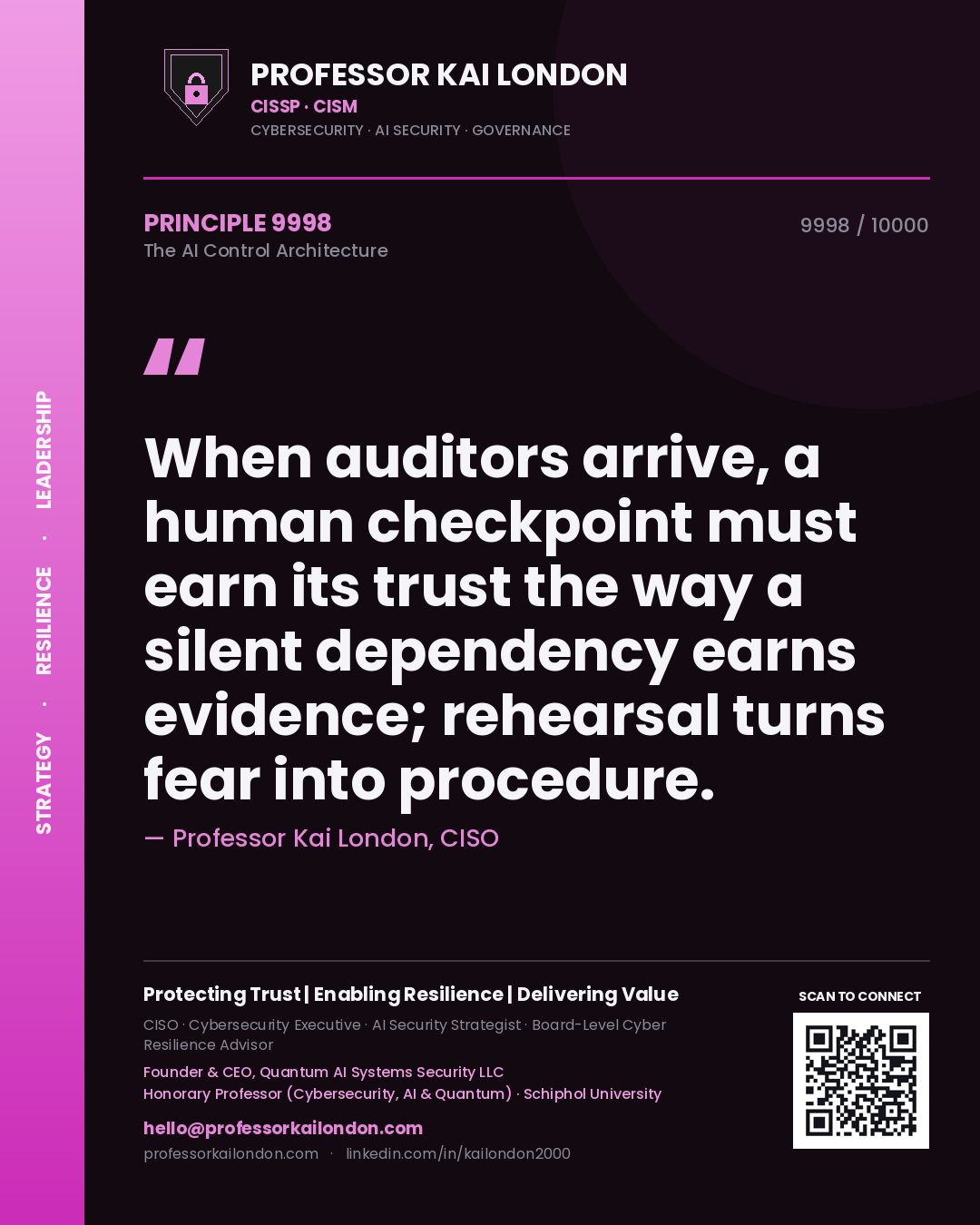 Quote card by Professor Kai London reading 'When auditors arrive, a human checkpoint must earn its trust the way a silent dependency earns evidence; rehearsal turns fear into procedure.'. From the book The AI Control Architecture.