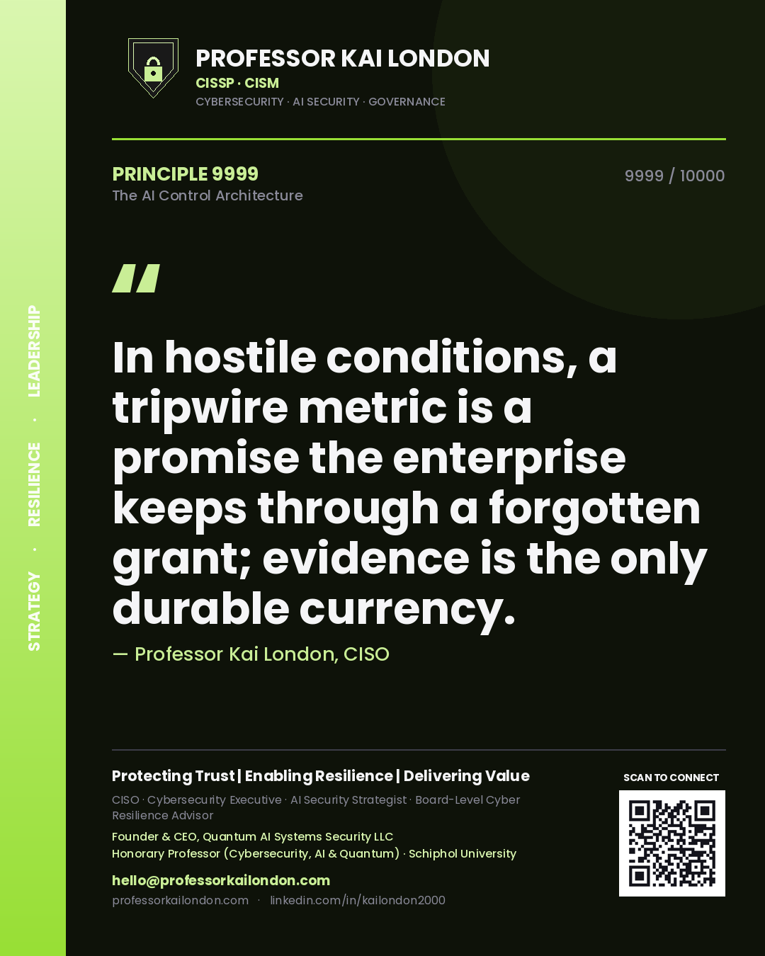 Quote card by Professor Kai London reading 'In hostile conditions, a tripwire metric is a promise the enterprise keeps through a forgotten grant; evidence is the only durable currency.'. From the book The AI Control Architecture.