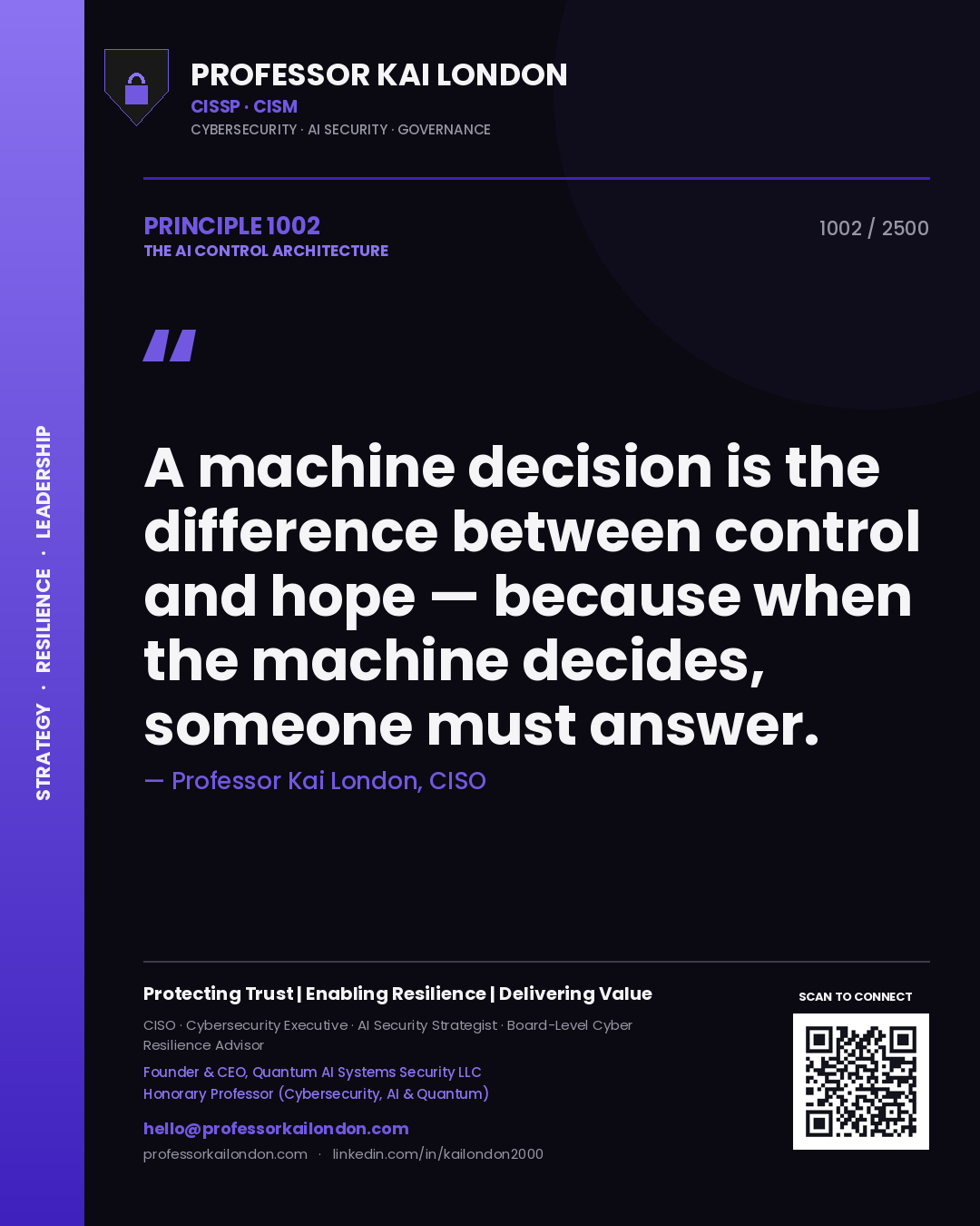 Professor Kai London principle 1002: A machine decision is the difference between control and hope — because when the machine decides, someone must answer.