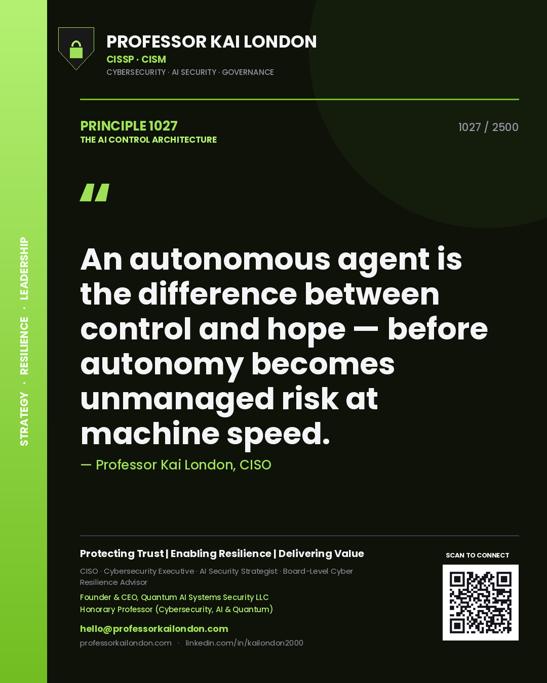 Quote card by Professor Kai London reading 'An autonomous agent is the difference between control and hope — before autonomy becomes unmanaged risk at machine speed.'. From the book The AI Control Architecture.