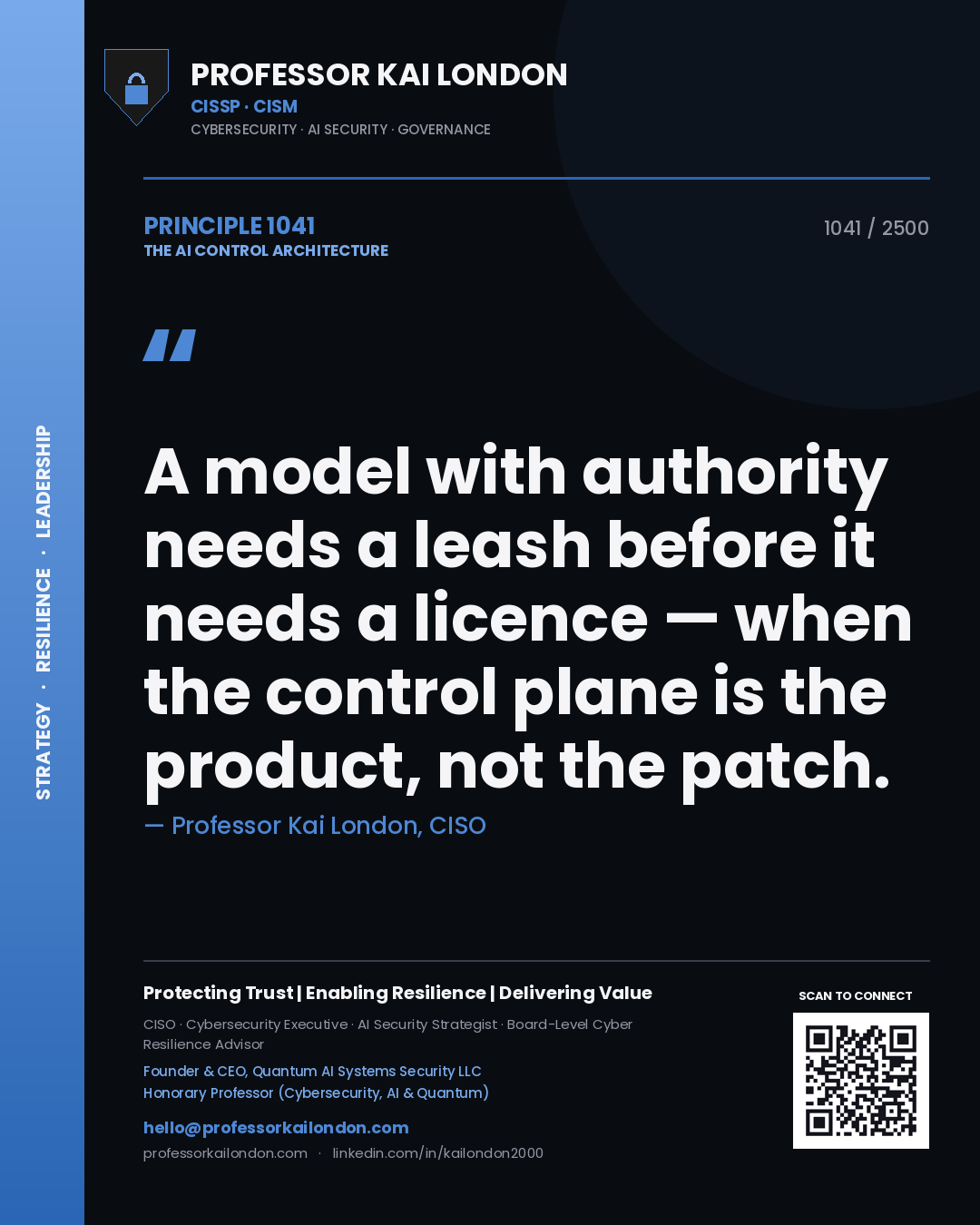 Quote card by Professor Kai London reading 'A model with authority needs a leash before it needs a licence — when the control plane is the product, not the patch.'. From the book The AI Control Architecture.