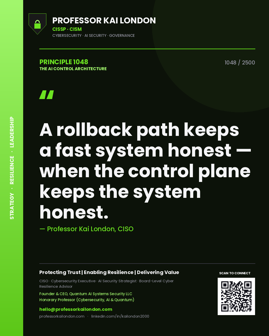Professor Kai London principle 1048: A rollback path keeps a fast system honest — when the control plane keeps the system honest.