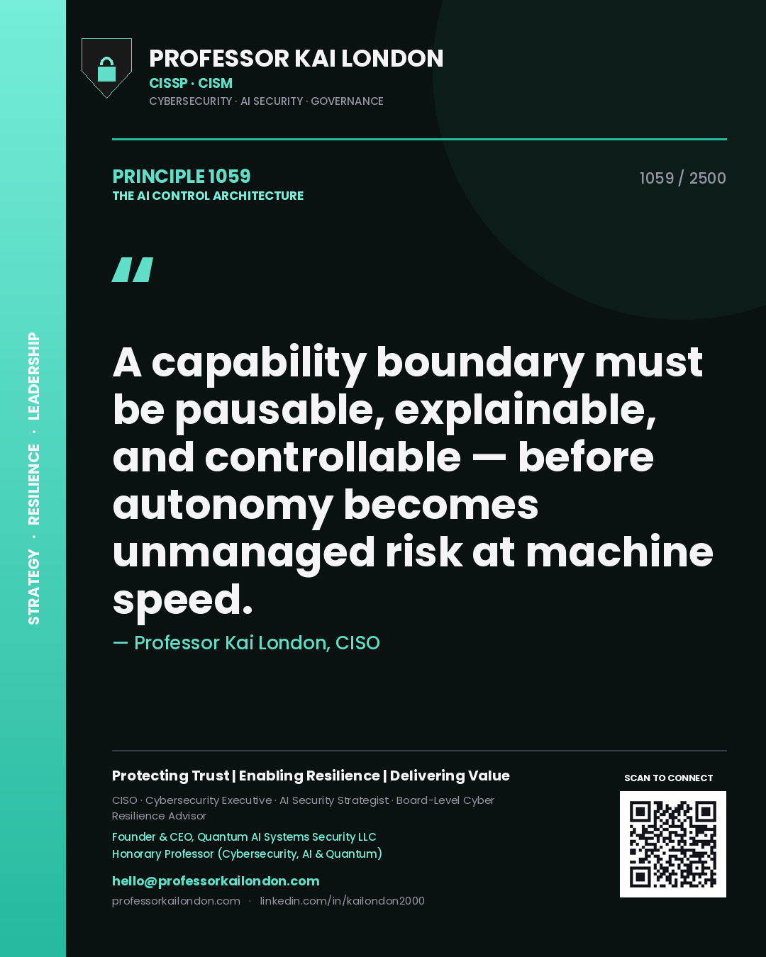 Professor Kai London principle 1059: A capability boundary must be pausable, explainable, and controllable — before autonomy becomes unmanaged risk at machine speed.