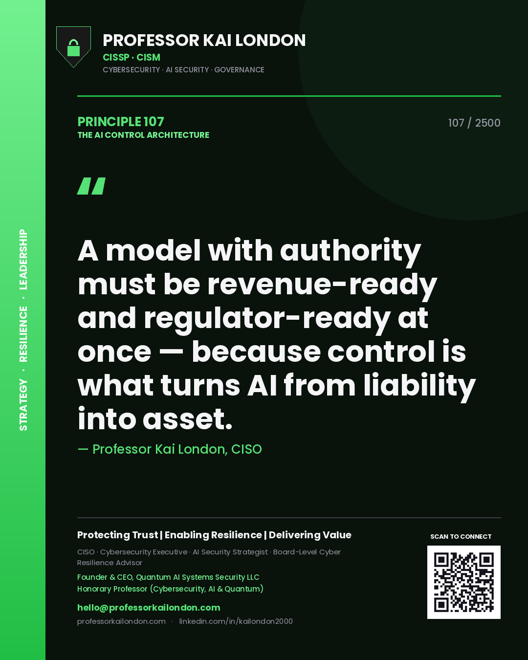 Quote card by Professor Kai London reading 'A model with authority must be revenue-ready and regulator-ready at once — because control is what turns AI from liability into asset.'. From the book The AI Control Architecture.
