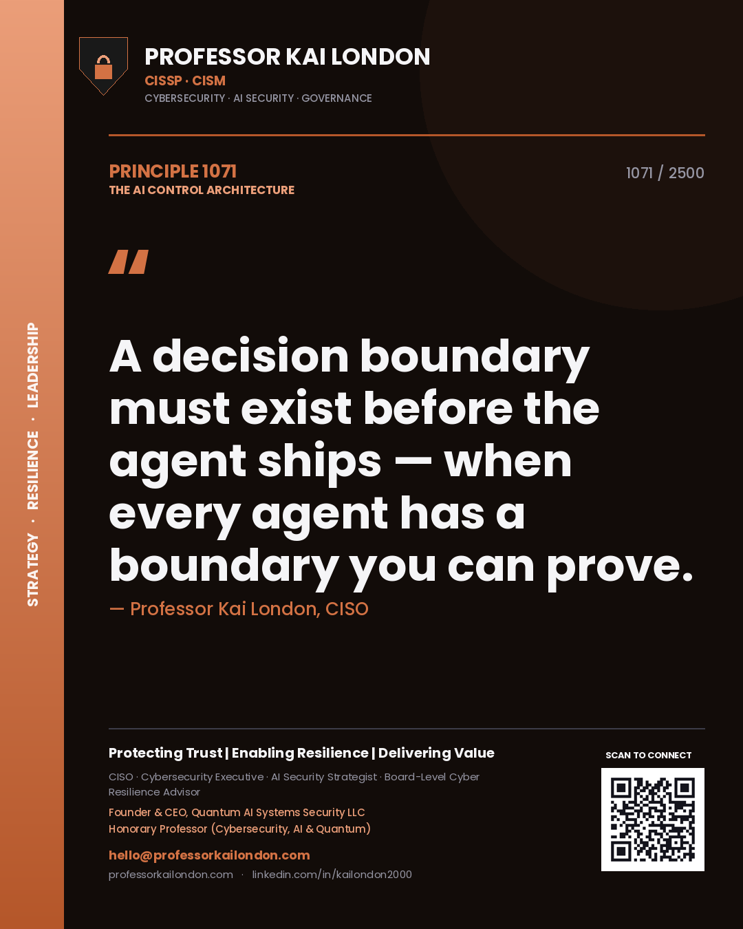 Professor Kai London principle 1071: A decision boundary must exist before the agent ships — when every agent has a boundary you can prove.
