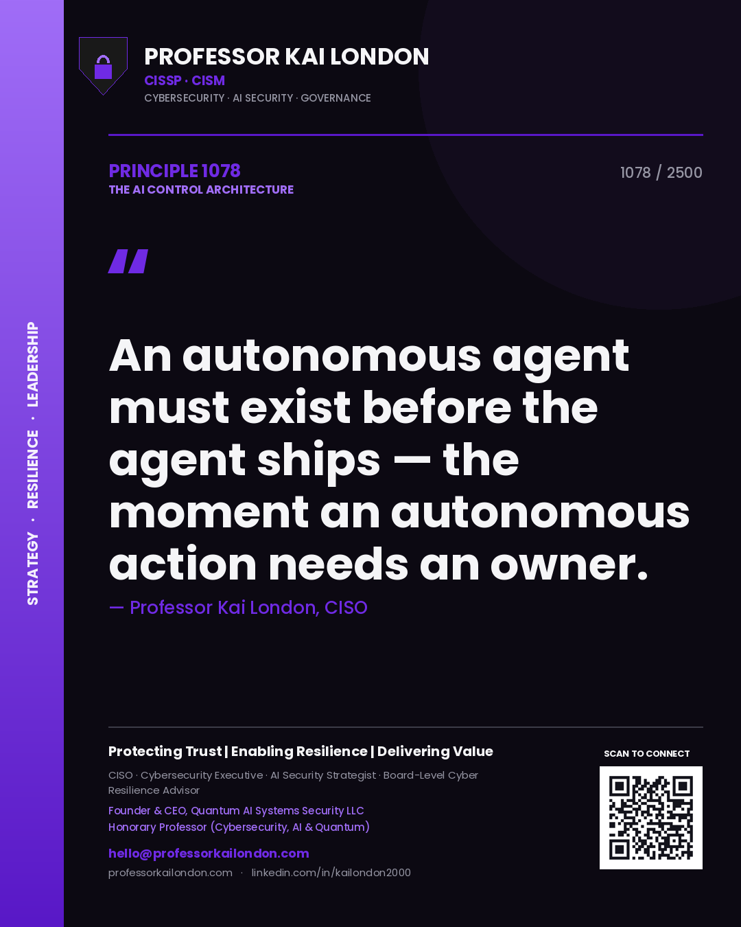 Quote card by Professor Kai London reading 'An autonomous agent must exist before the agent ships — the moment an autonomous action needs an owner.'. From the book The AI Control Architecture.