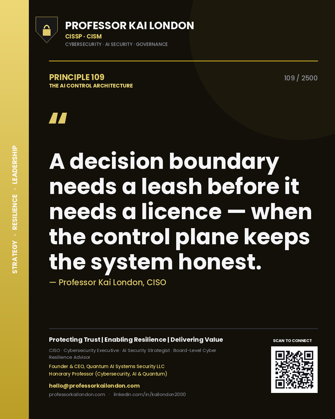 Quote card by Professor Kai London reading 'A decision boundary needs a leash before it needs a licence — when the control plane keeps the system honest.'. From the book The AI Control Architecture.