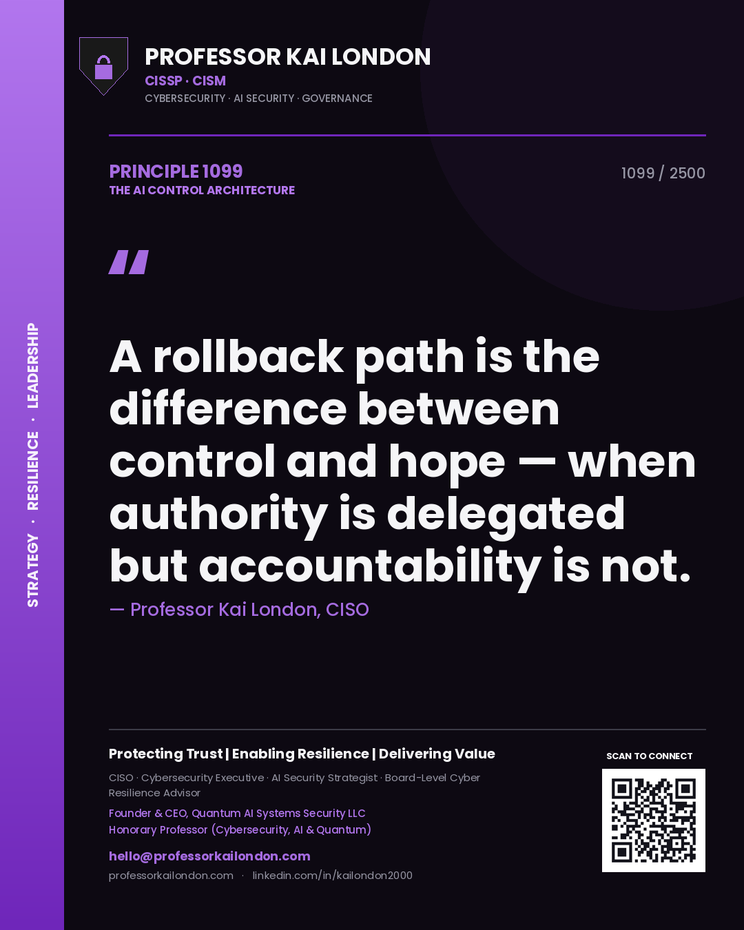 Quote card by Professor Kai London reading 'A rollback path is the difference between control and hope — when authority is delegated but accountability is not.'. From the book The AI Control Architecture.