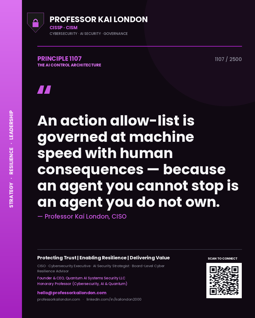 Quote card by Professor Kai London reading 'An action allow-list is governed at machine speed with human consequences — because an agent you cannot stop is an agent you do not own.'. From the book The AI Control Architecture.