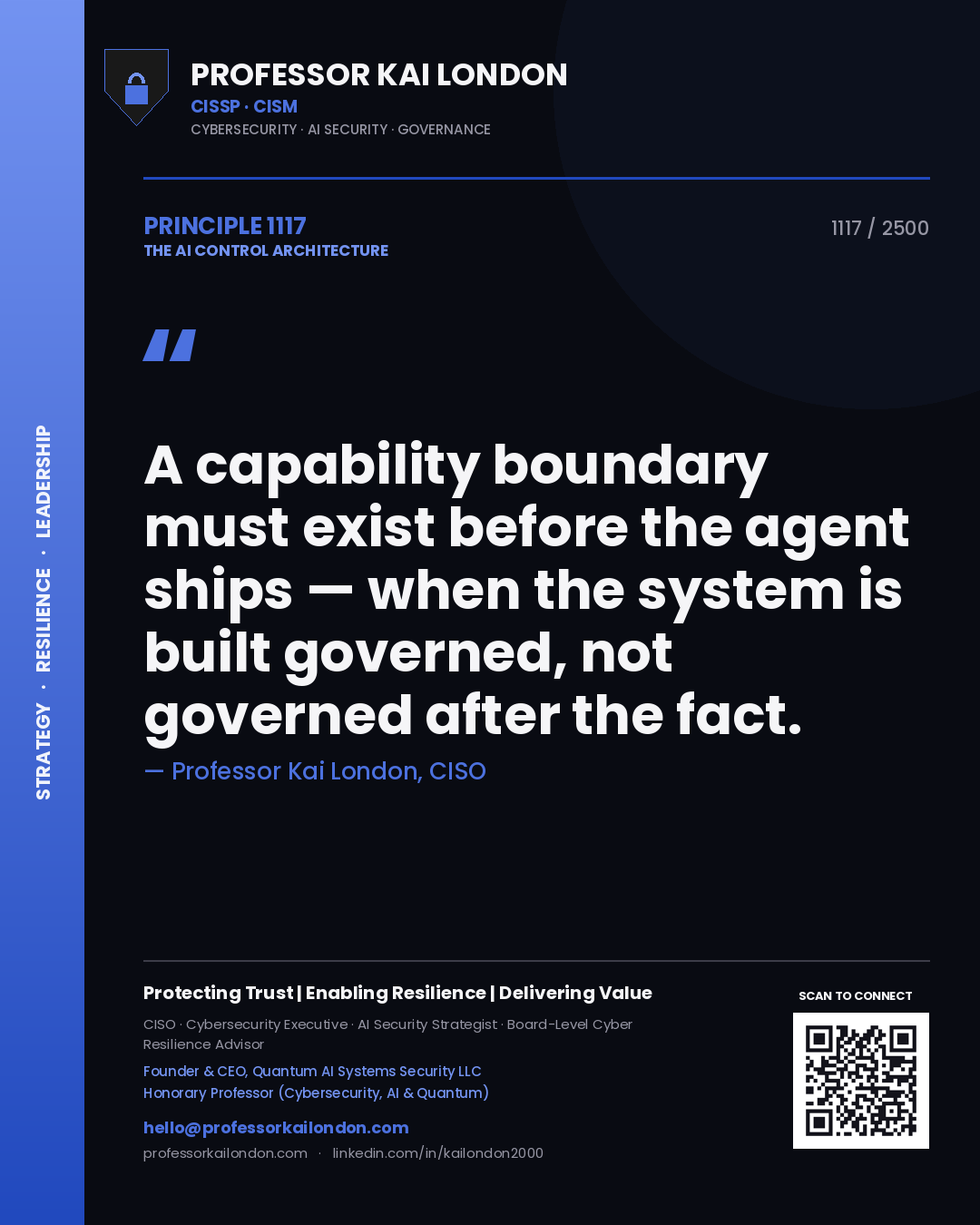 Quote card by Professor Kai London reading 'A capability boundary must exist before the agent ships — when the system is built governed, not governed after the fact.'. From the book The AI Control Architecture.