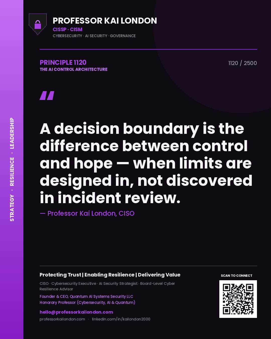 Quote card by Professor Kai London reading 'A decision boundary is the difference between control and hope — when limits are designed in, not discovered in incident review.'. From the book The AI Control Architecture.