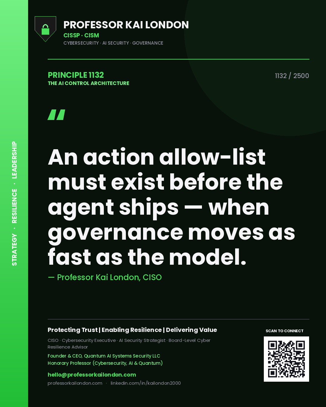 Professor Kai London principle 1132: An action allow-list must exist before the agent ships — when governance moves as fast as the model.