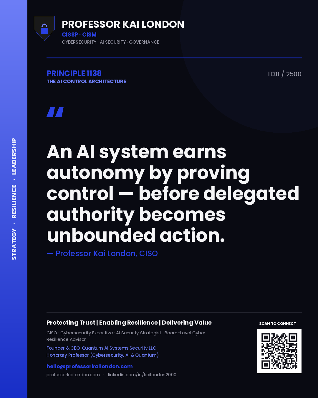 Professor Kai London principle 1138: An AI system earns autonomy by proving control — before delegated authority becomes unbounded action.