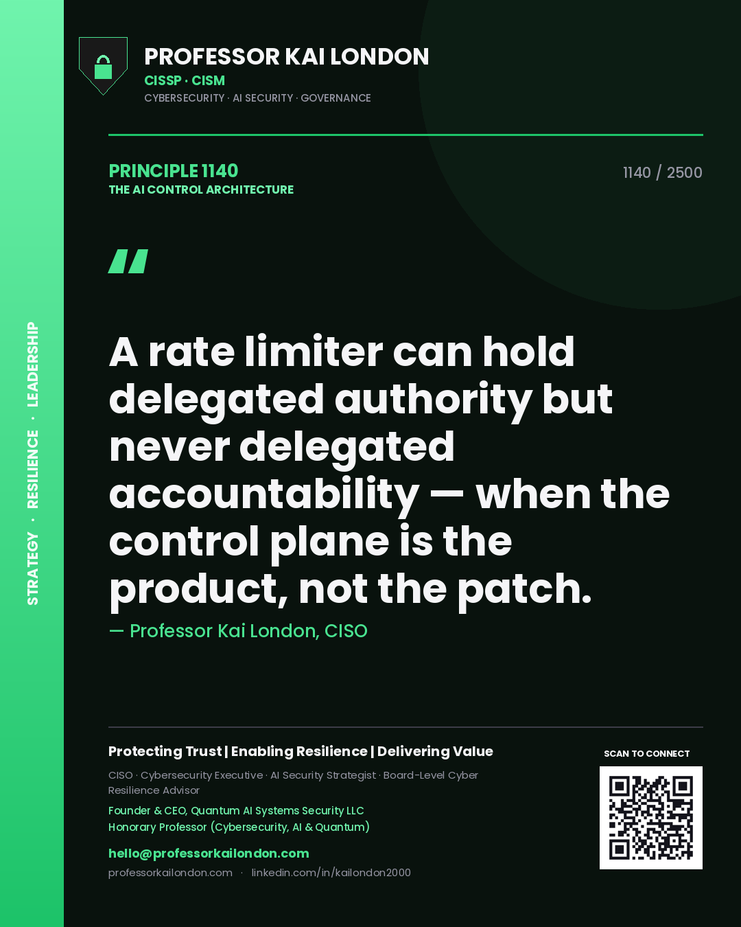 Professor Kai London principle 1140: A rate limiter can hold delegated authority but never delegated accountability — when the control plane is the product, not the patch.