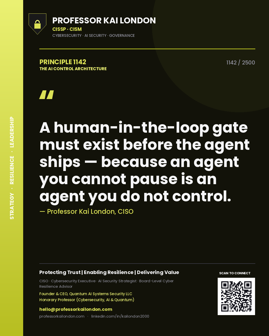 Professor Kai London principle 1142: A human-in-the-loop gate must exist before the agent ships — because an agent you cannot pause is an agent you do not control.