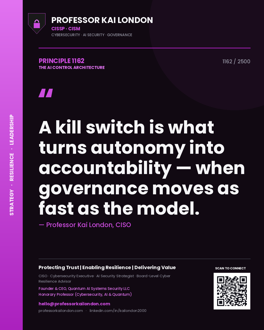 Quote card by Professor Kai London reading 'A kill switch is what turns autonomy into accountability — when governance moves as fast as the model.'. From the book The AI Control Architecture.