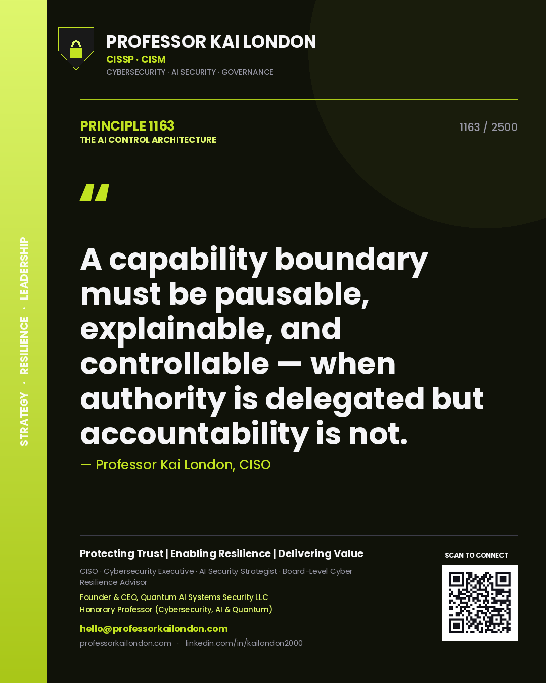 Quote card by Professor Kai London reading 'A capability boundary must be pausable, explainable, and controllable — when authority is delegated but accountability is not.'. From the book The AI Control Architecture.