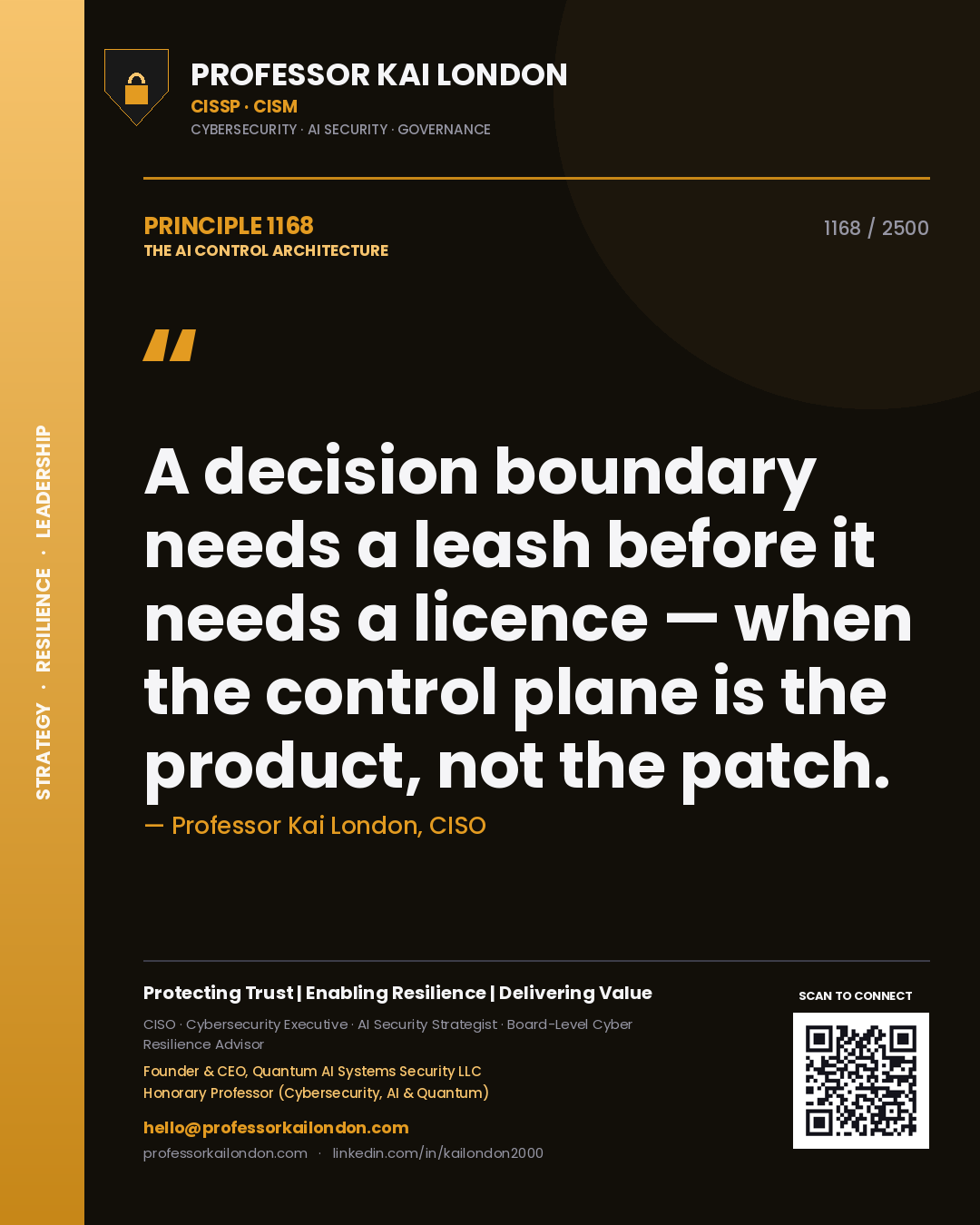Quote card by Professor Kai London reading 'A decision boundary needs a leash before it needs a licence — when the control plane is the product, not the patch.'. From the book The AI Control Architecture.
