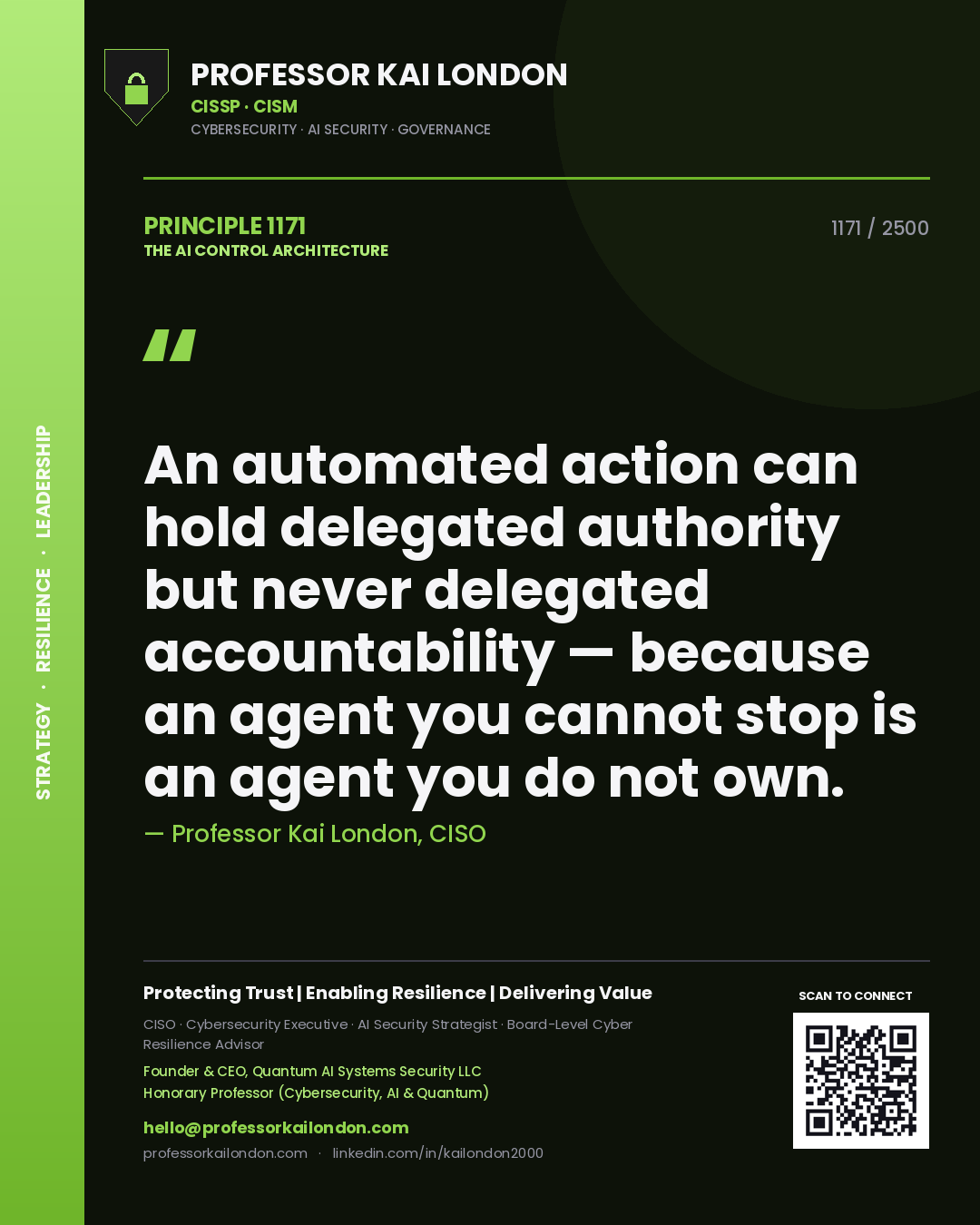 Quote card by Professor Kai London reading 'An automated action can hold delegated authority but never delegated accountability — because an agent you cannot stop is an agent you do not own.'. From the book The AI Control Architecture.