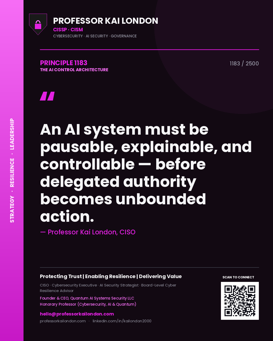 Quote card by Professor Kai London reading 'An AI system must be pausable, explainable, and controllable — before delegated authority becomes unbounded action.'. From the book The AI Control Architecture.