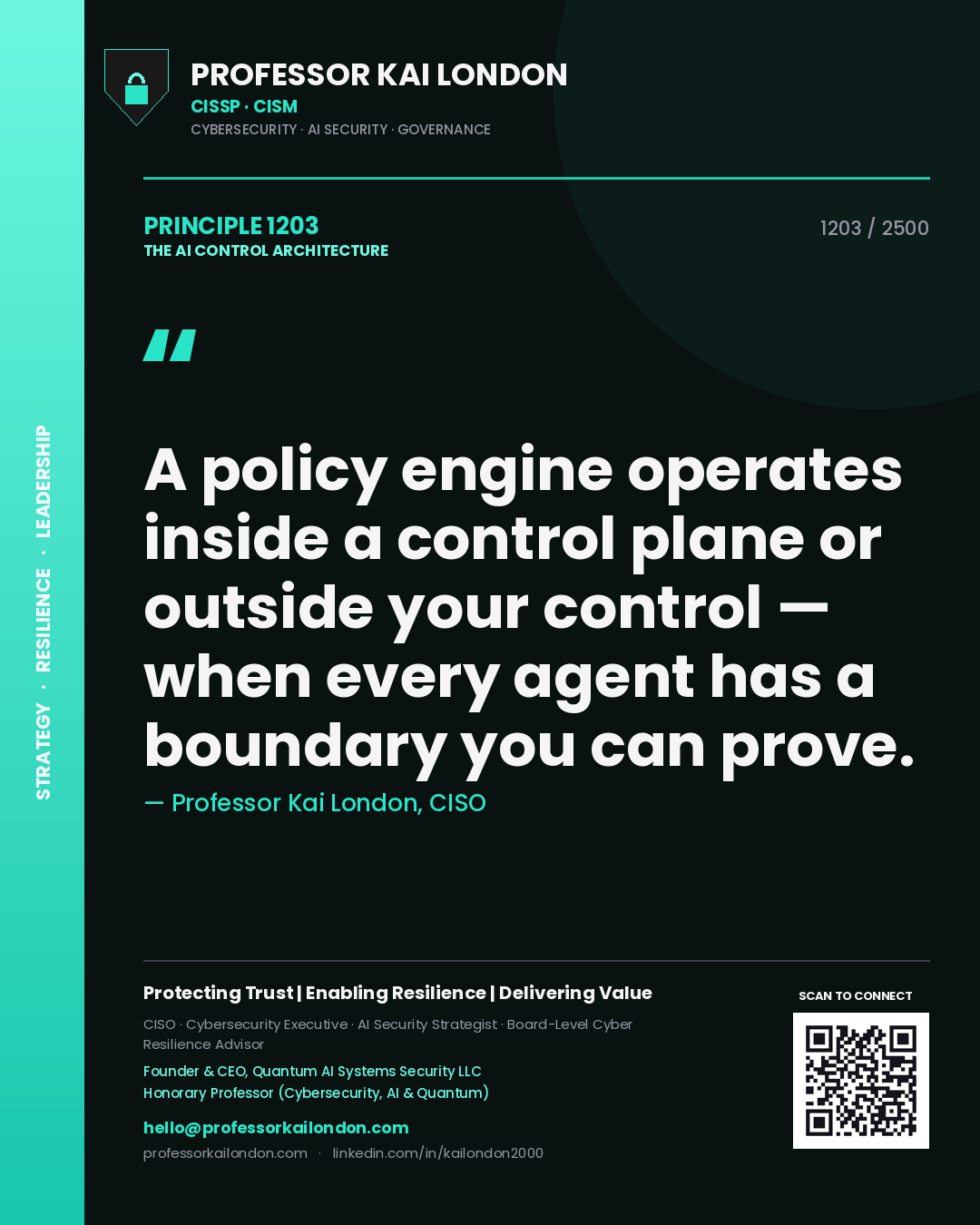 Professor Kai London principle 1203: A policy engine operates inside a control plane or outside your control — when every agent has a boundary you can prove.