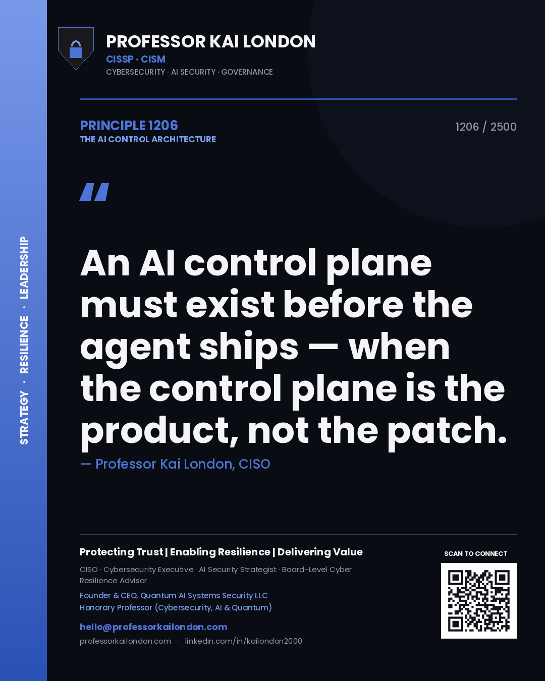 Quote card by Professor Kai London reading 'An AI control plane must exist before the agent ships — when the control plane is the product, not the patch.'. From the book The AI Control Architecture.