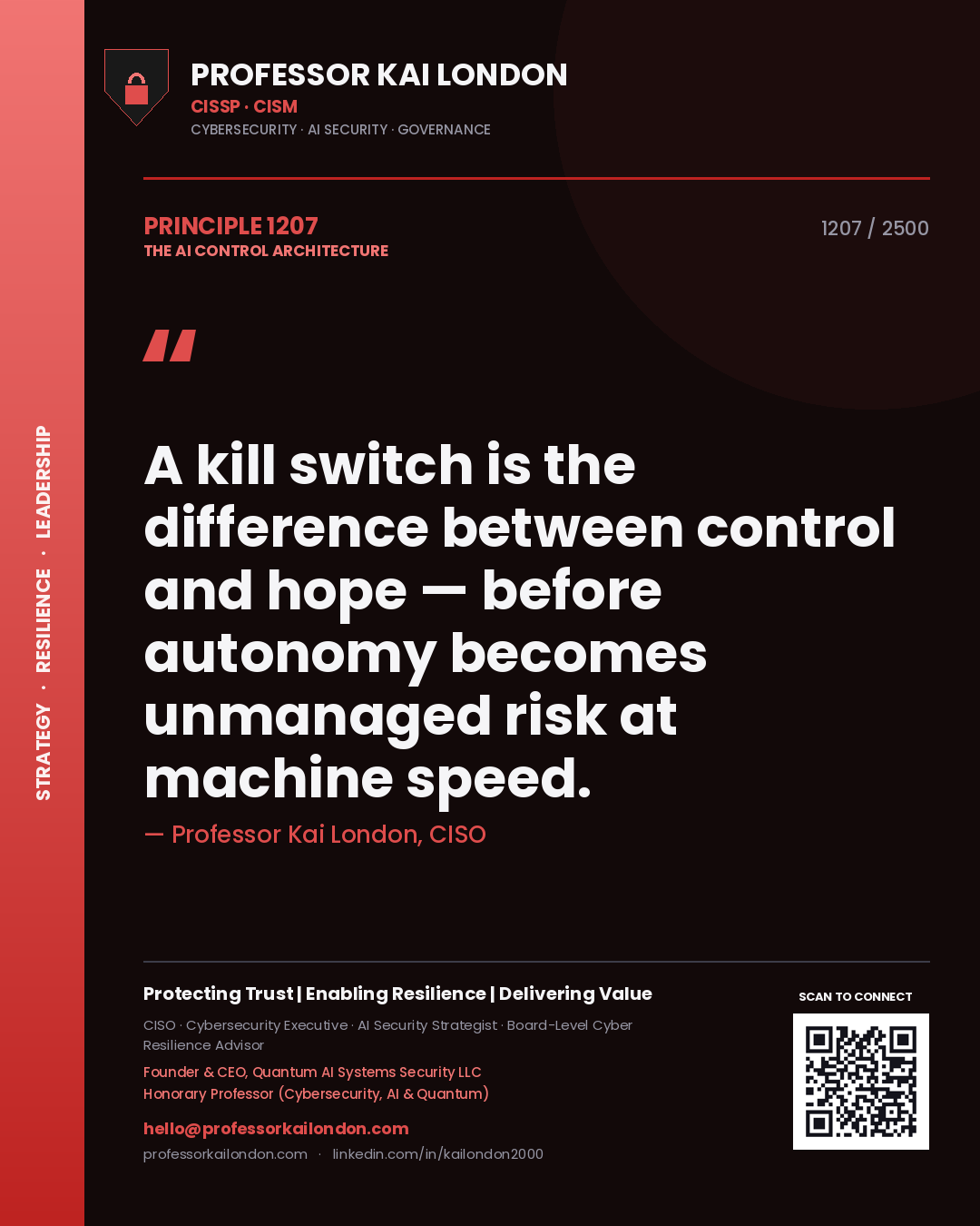 Quote card by Professor Kai London reading 'A kill switch is the difference between control and hope — before autonomy becomes unmanaged risk at machine speed.'. From the book The AI Control Architecture.