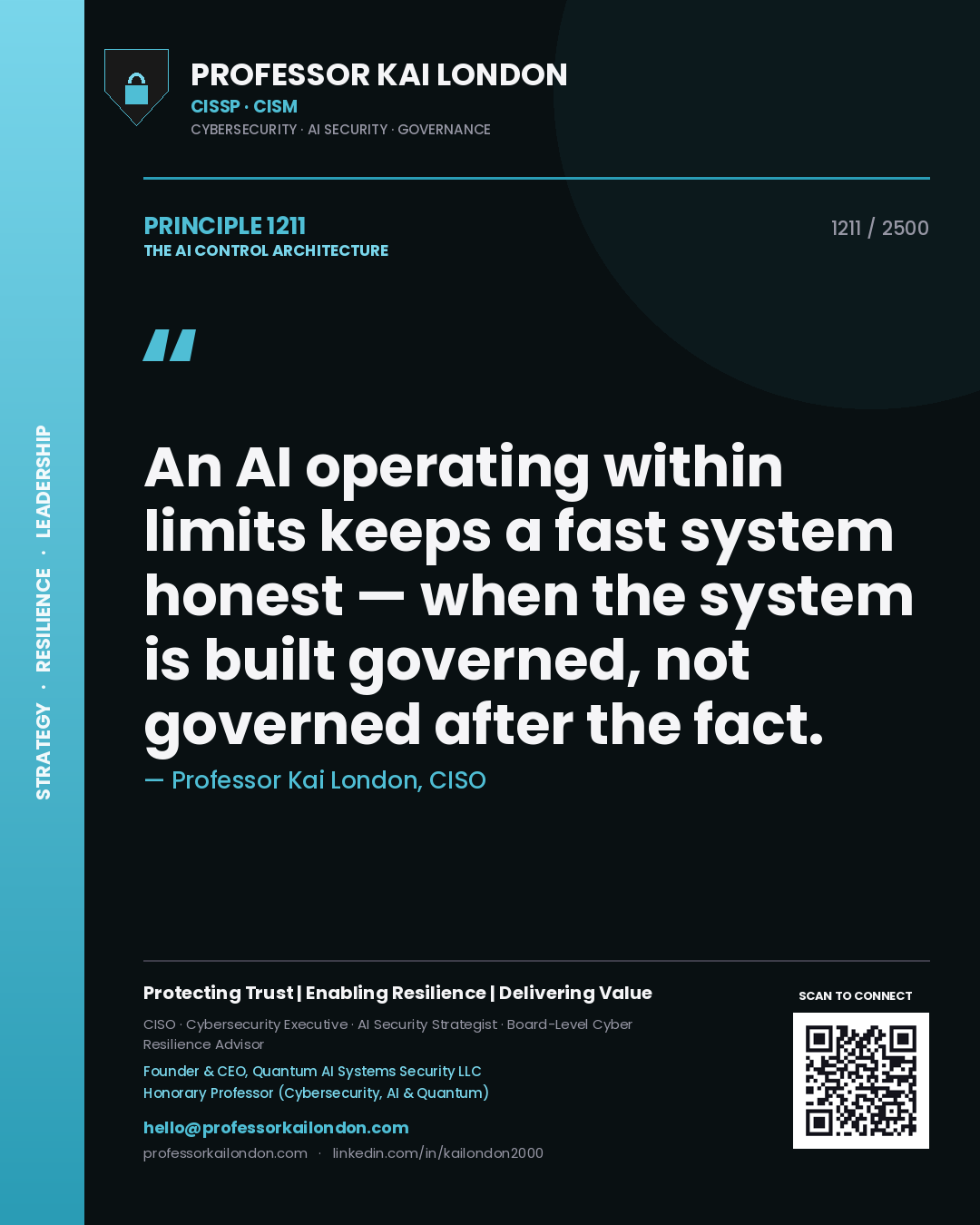 Quote card by Professor Kai London reading 'An AI operating within limits keeps a fast system honest — when the system is built governed, not governed after the fact.'. From the book The AI Control Architecture.