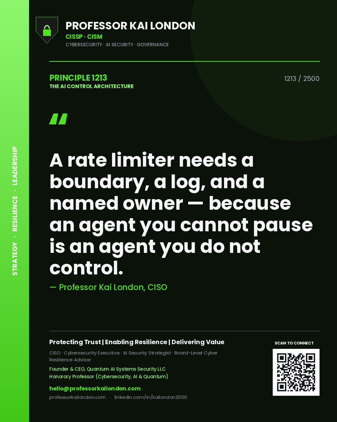 Quote card by Professor Kai London reading 'A rate limiter needs a boundary, a log, and a named owner — because an agent you cannot pause is an agent you do not control.'. From the book The AI Control Architecture.