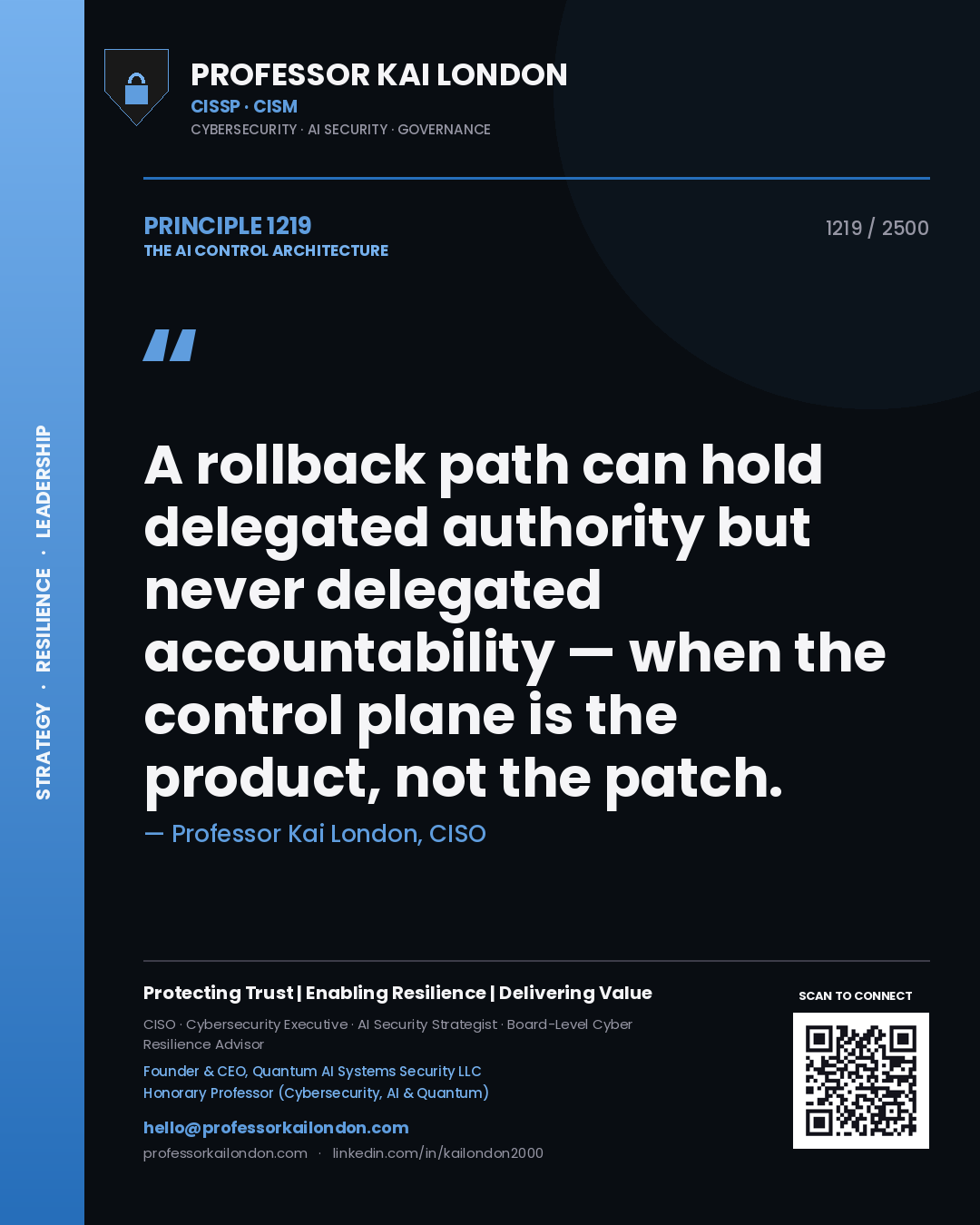 Quote card by Professor Kai London reading 'A rollback path can hold delegated authority but never delegated accountability — when the control plane is the product, not the patch.'. From the book The AI Control Architecture.