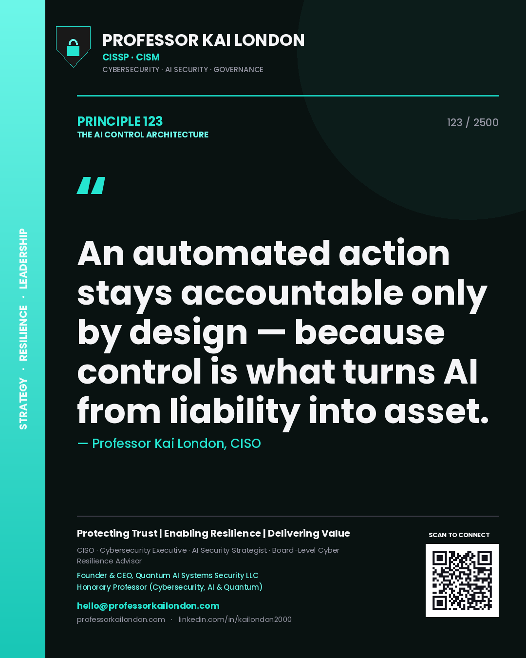 Quote card by Professor Kai London reading 'An automated action stays accountable only by design — because control is what turns AI from liability into asset.'. From the book The AI Control Architecture.