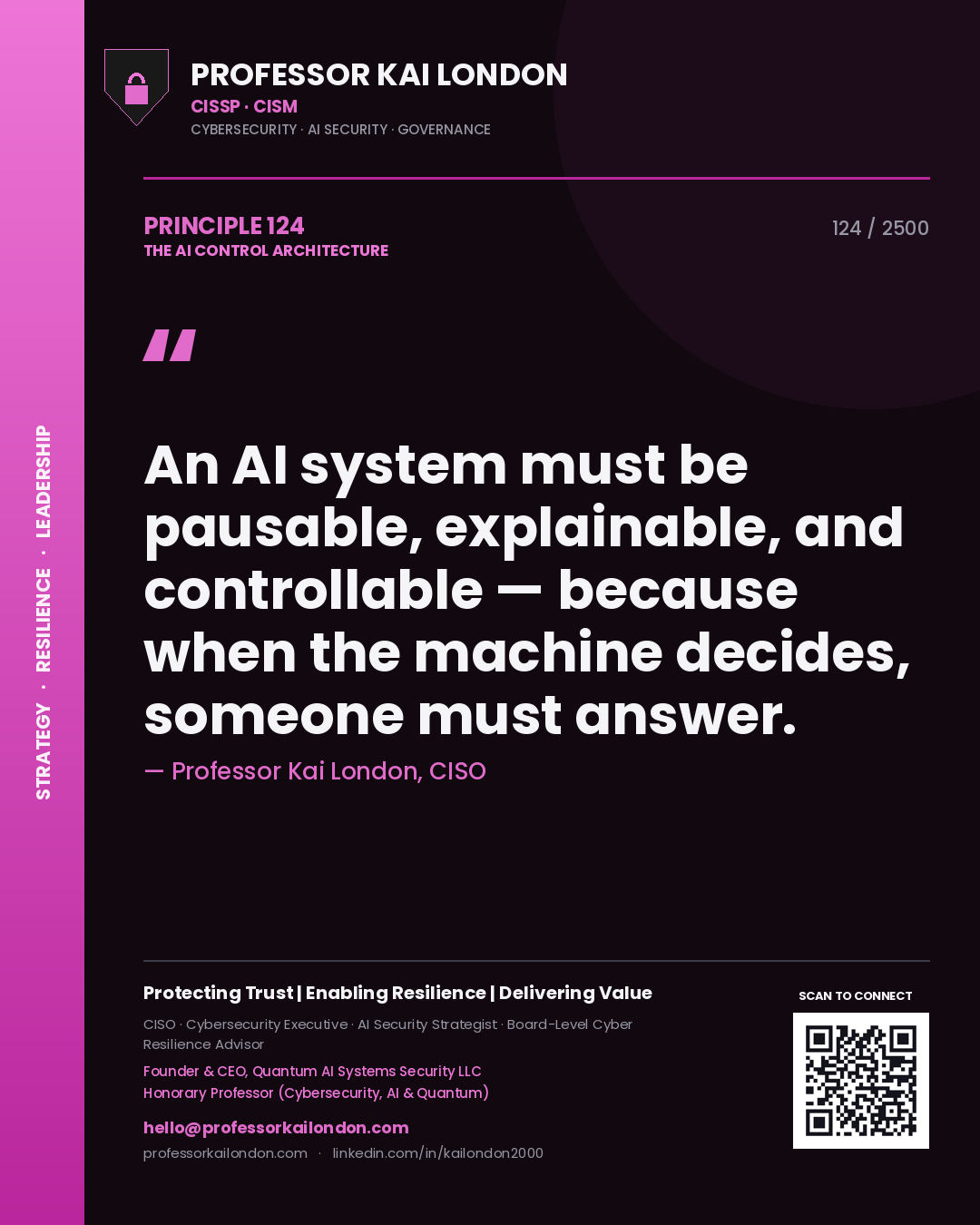 Quote card by Professor Kai London reading 'An AI system must be pausable, explainable, and controllable — because when the machine decides, someone must answer.'. From the book The AI Control Architecture.