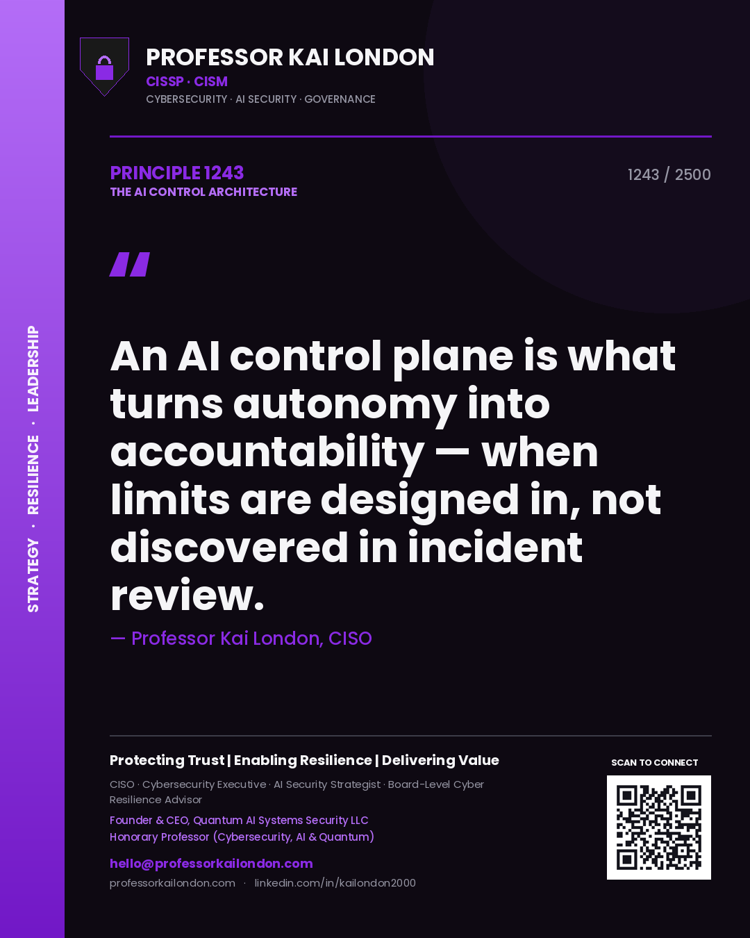 Quote card by Professor Kai London reading 'An AI control plane is what turns autonomy into accountability — when limits are designed in, not discovered in incident review.'. From the book The AI Control Architecture.