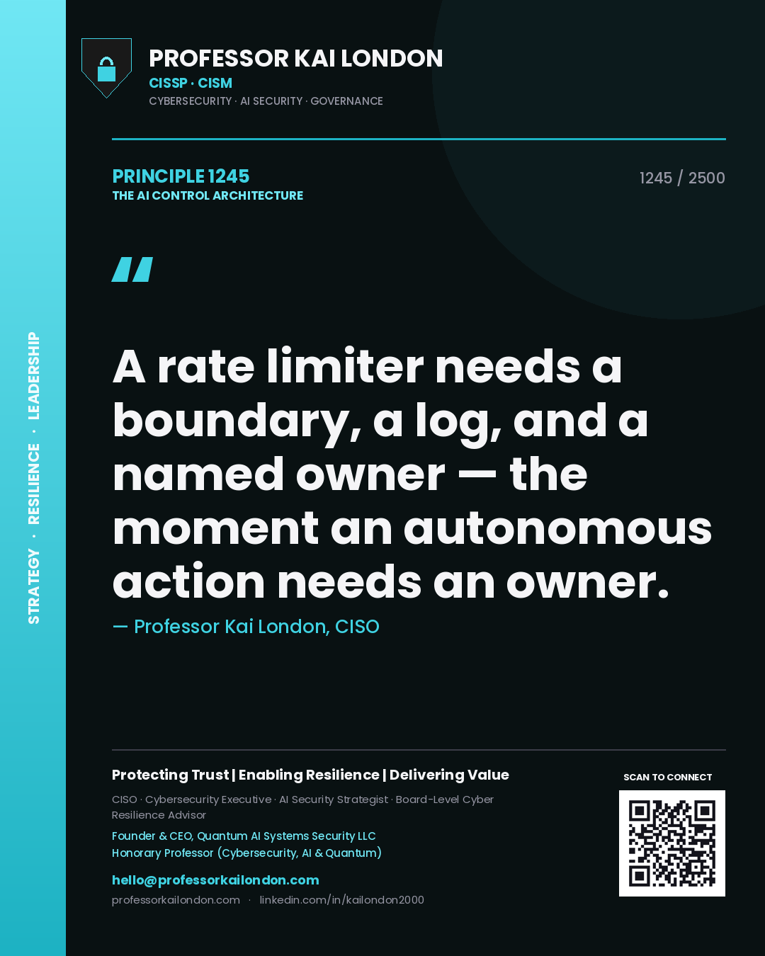 Quote card by Professor Kai London reading 'A rate limiter needs a boundary, a log, and a named owner — the moment an autonomous action needs an owner.'. From the book The AI Control Architecture.