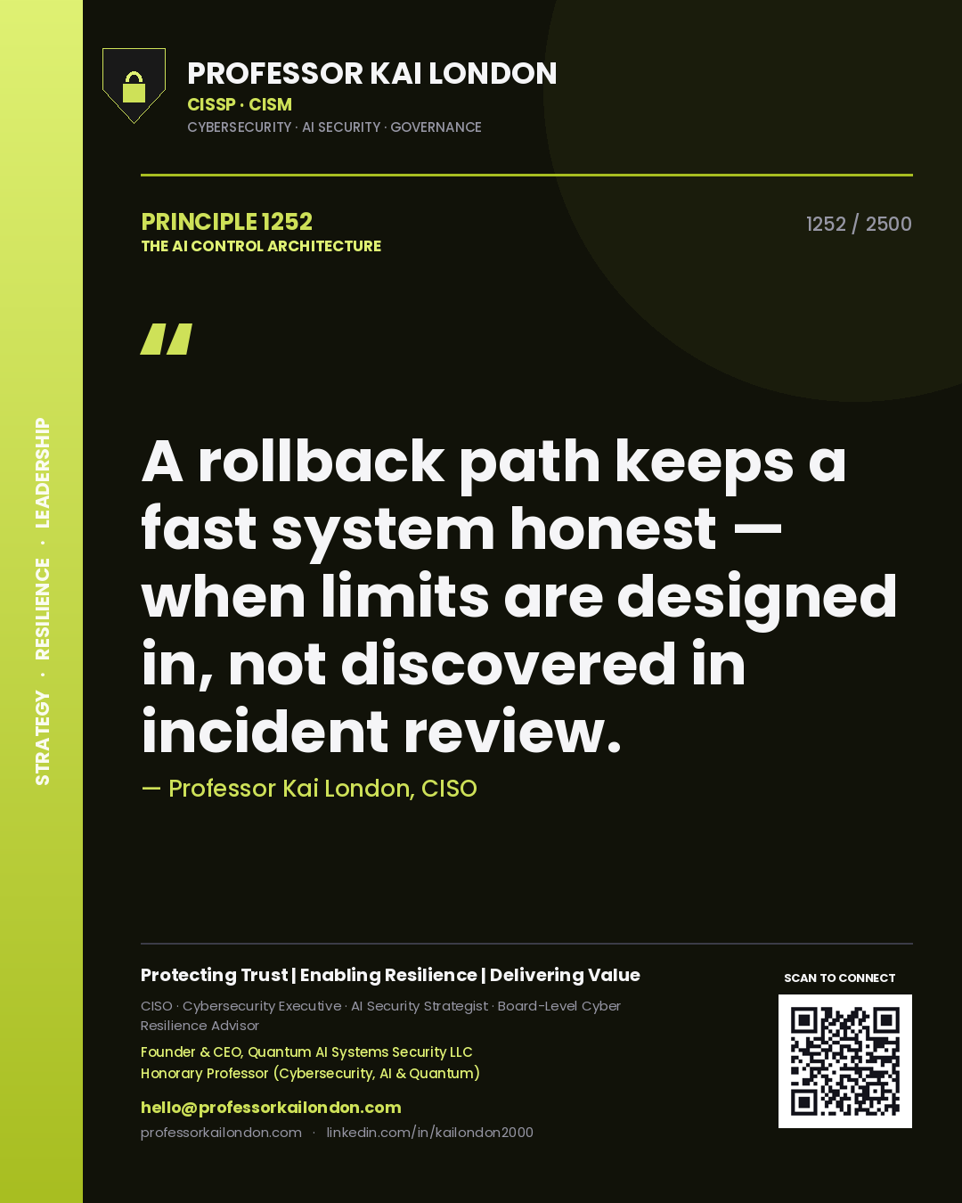 Quote card by Professor Kai London reading 'A rollback path keeps a fast system honest — when limits are designed in, not discovered in incident review.'. From the book The AI Control Architecture.