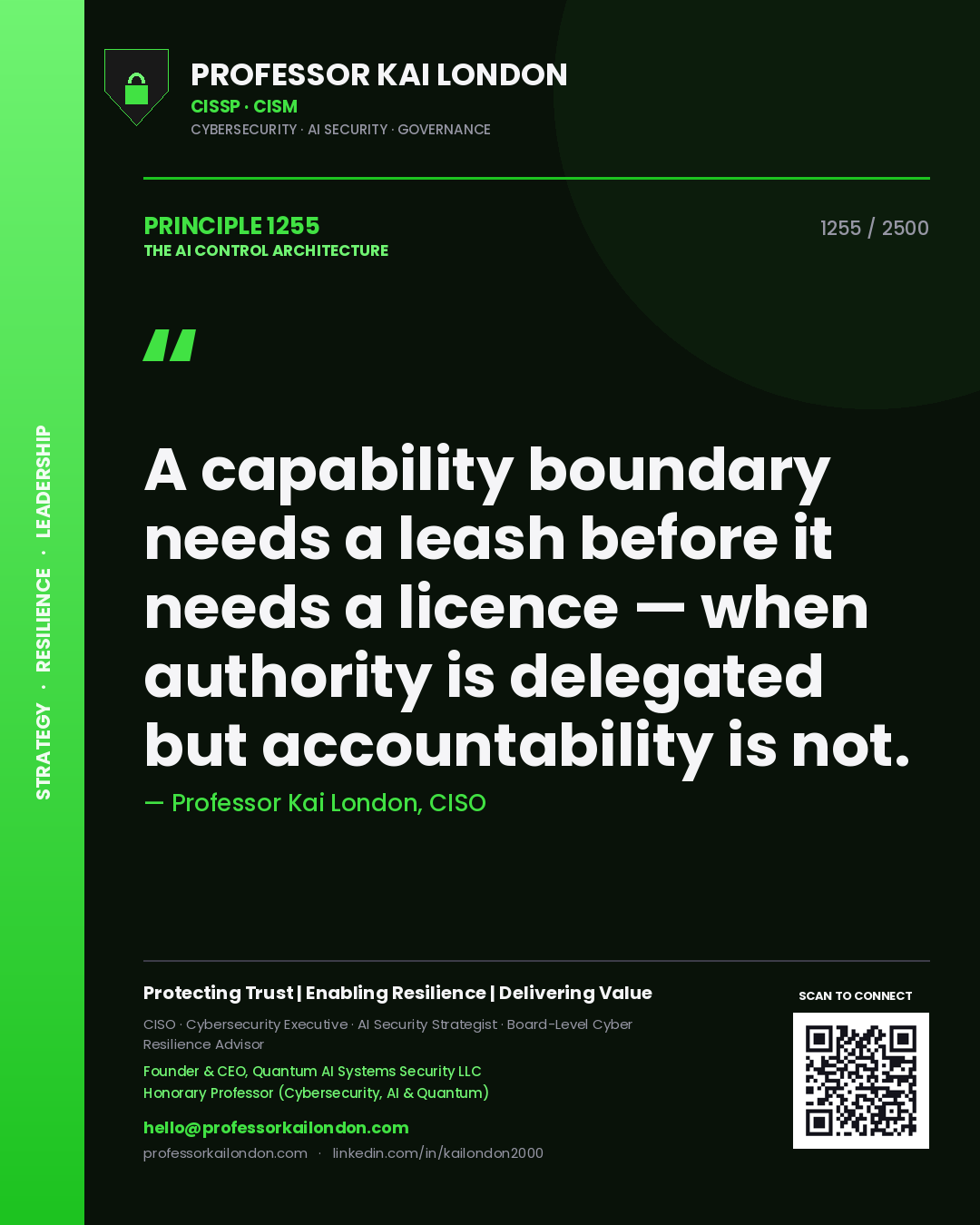Professor Kai London principle 1255: A capability boundary needs a leash before it needs a licence — when authority is delegated but accountability is not.